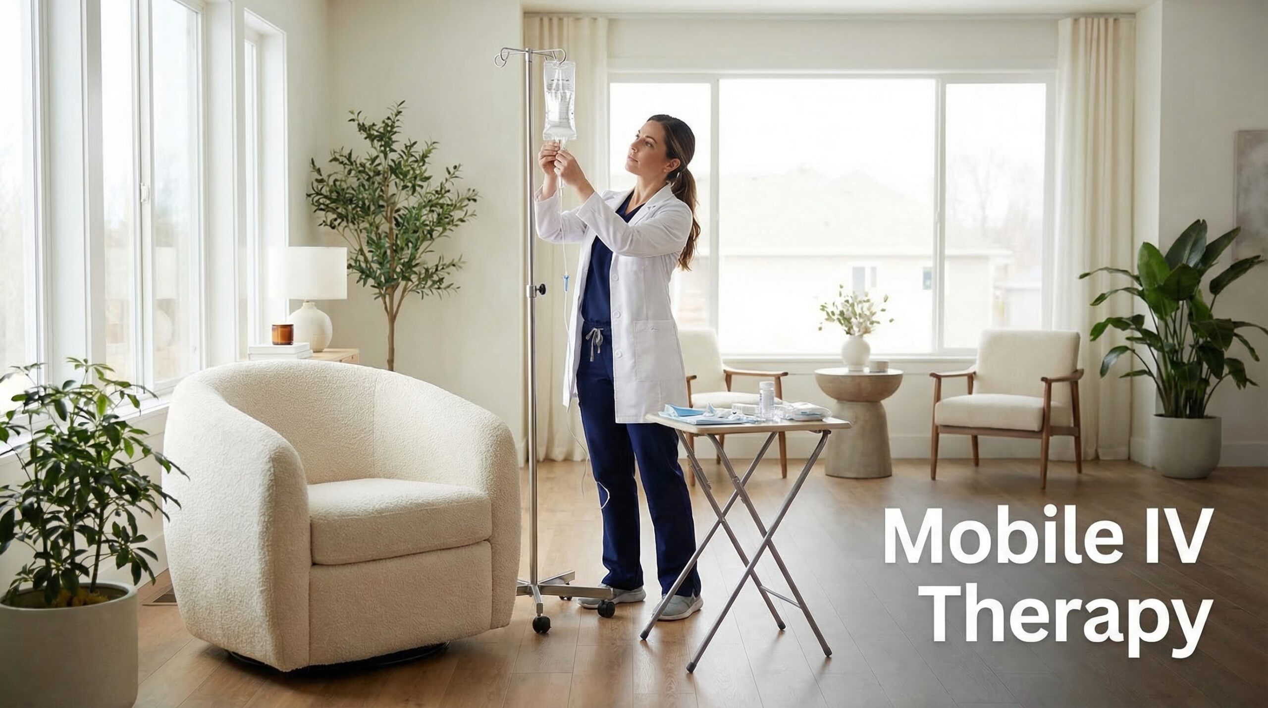 mobile-iv-therapy-clinician-preparing-iv-bag-in-modern-living-room